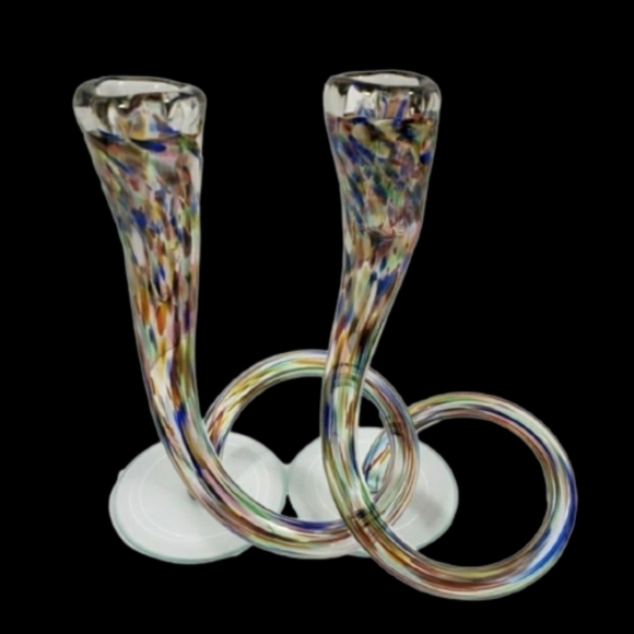 Vintage Candlesticks Hand Blown Michael Hudson Twisted Glass Confetti Set of 2 - Picture 2 of 15